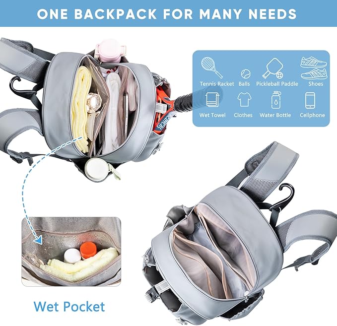 Tennis Backpack with 2 Rackets Holder, Water-Resistant PU Leather Tennis Racket Bag for Women & Men, Sling Crossbody Sports Backpack for Tennis, Pickleball & Badminton, Tennis Gifts