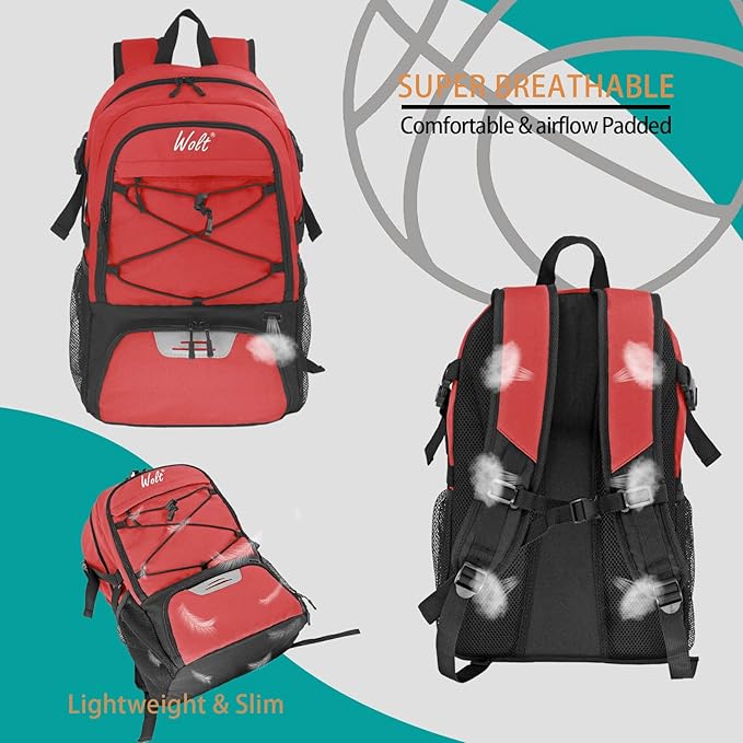 WOLT Basketball Backpack Large Sports Bag with Separate Ball Holder & Shoes Compartment, Best for Basketball, Soccer,Gym