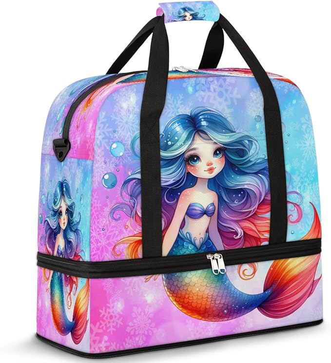 Cute Mermaid Girls Rainbow Travel Duffle Bags With Shoes Compartment for Women Men Weekender Overnight Bag Foldable Sports Tote Gym Carry On Luggage Handlebag for Travel Yoga Hospital Workout