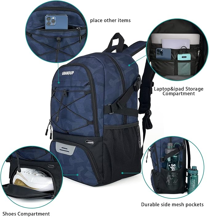 GRANDUP Basketball backpack with ball and shoes compartment Fit Volleyball, soccer, Swim, Gym, Travel, and School, large capacity sports training equipment bags