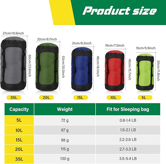5 Pcs Compression Sacks for Backpacking 5L/10L/15L/20L/35L Camping Sleeping Bag Stuff Sack Water Resistant Sleeping Bag Storage Sack for Space Saving Hiking Gear