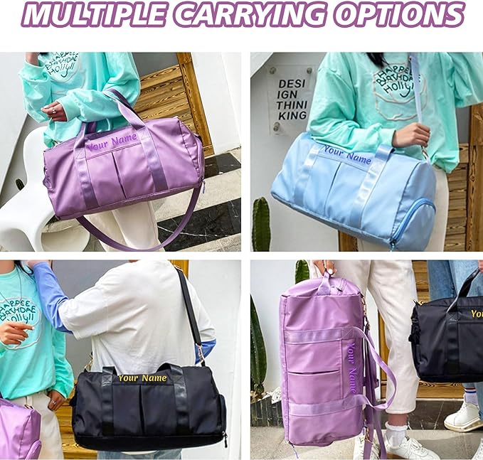 Custom Embroidered Sports Gym Bag, Personalized Duffel Bag Weekender Bag, Overnight Bag, Travel Bag for Women Men - With Shoe Compartment - Dry Wet Separated - Adjustable Shoulder Strap