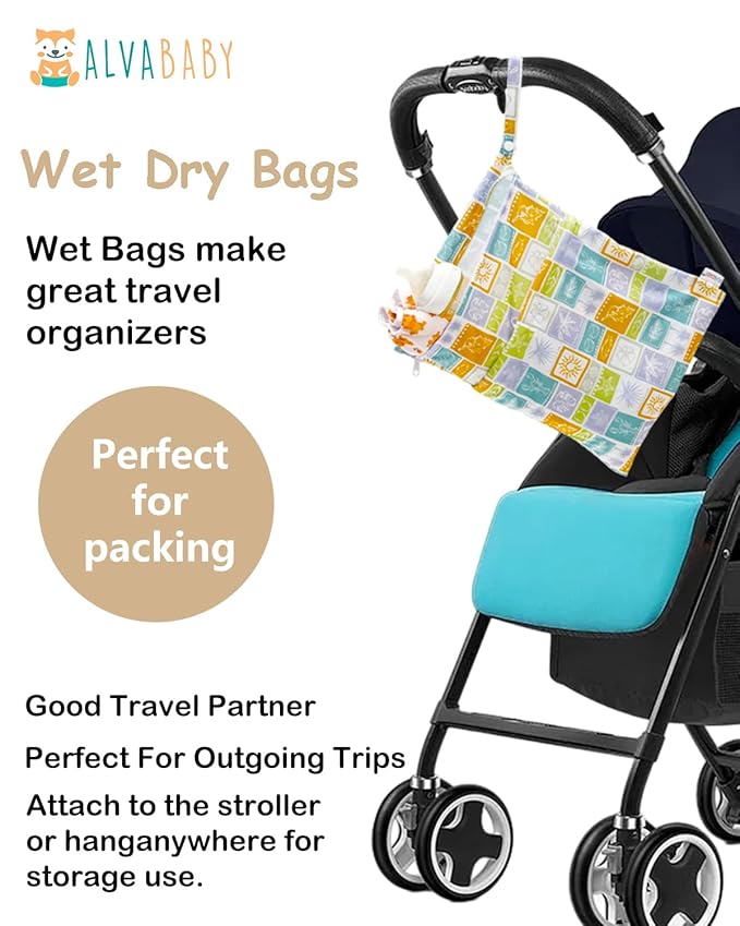 ALVABABY 2pcs Cloth Diaper Wet Dry Bags Waterproof Reusable with Two Zippered Pockets Travel Beach Pool Daycare Soiled Baby Items Yoga Gym Bag for Swimsuits or Wet Clothes 2LM21