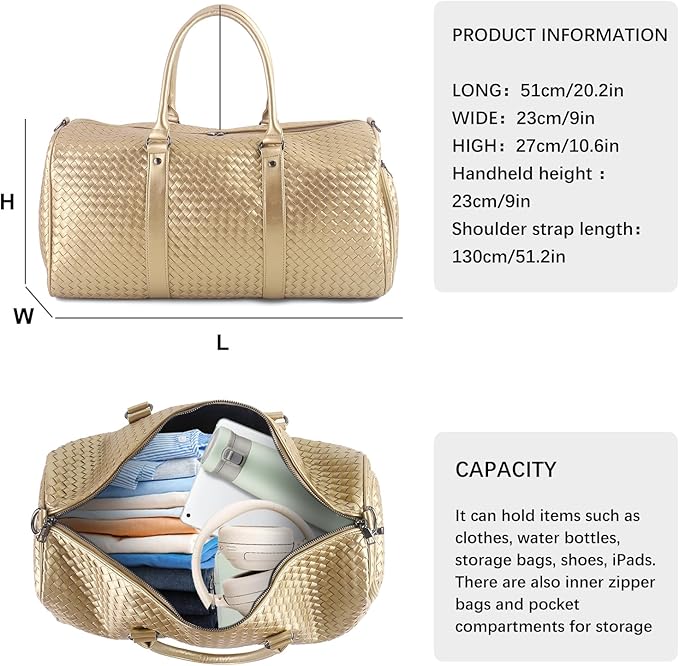 Weekender Bags for Women Woven Leather Travel Duffel Bag with Shoe Compartment, Carry On Garment Bag for Men Women, Large Capacity Water-resistant Gym Tote (Gold)