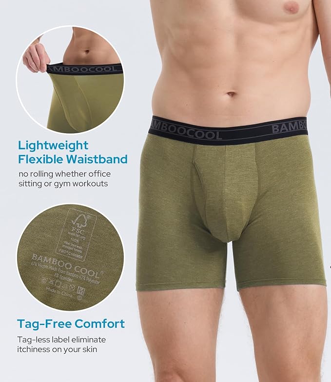 BAMBOO COOL Men's Underwear Breathable Boxer Briefs with Fly Moisture-Wicking Lightweight Underwear 7-Pack