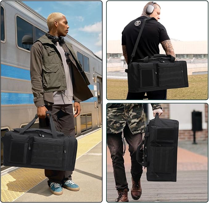 40L Tactical Duffle Bag Mens Gym Bag- 22 inch Military Duffle Bag with Shoes Compartment, Outdoor Equipment Gear for Weekend Overnight Travel - Black