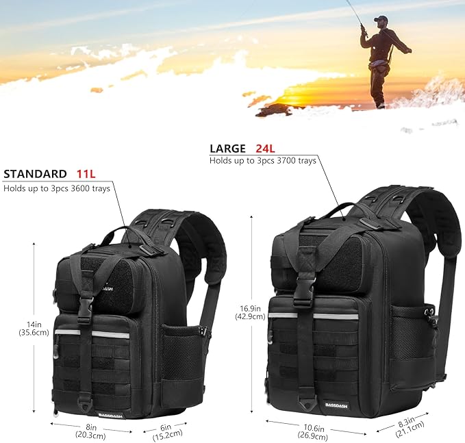 BASSDASH Convertible Fishing Backpack Sling Bag with Rod Holder, Adjustable Tactical Water-Resistant Tackle Storage Pack FP07