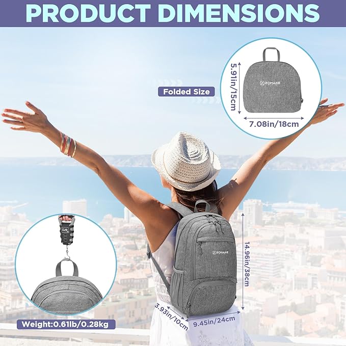 ZOMAKE Ultra Lightweight Packable Backpack 20L,Small Foldable Backpacks Hiking Water Resistant Collapsible Daypack for Women Men(Grey-B2)