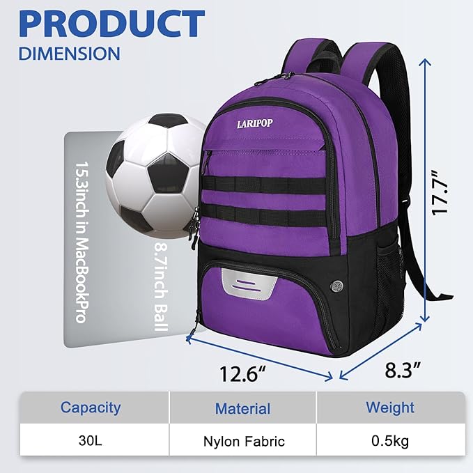 LARIPOP Soccer Backpack,Soccer Bag with Ball Holder and Shoe Compartment,Sports Equipment Training Bags Fits Basketball