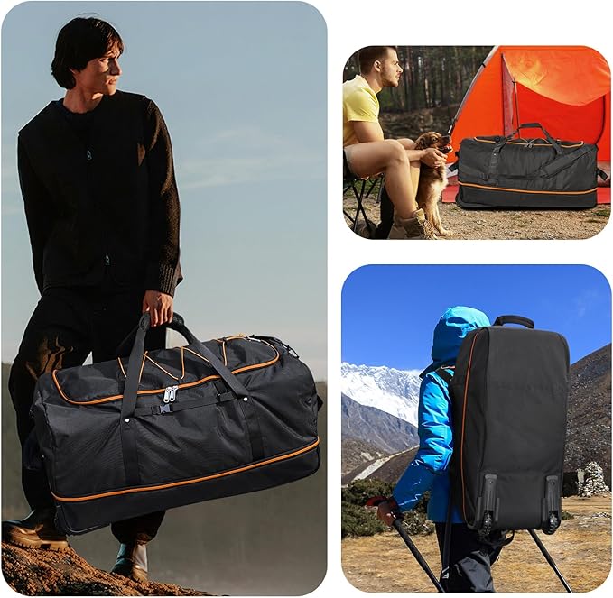 Vomgomfom 32" Soft-Sided Foldable Wheeled Travel Duffel Bag,Expandable 110L to 140L Rolling Cargo Bag with 2 Wheels and Multiple Pockets,Black-orange