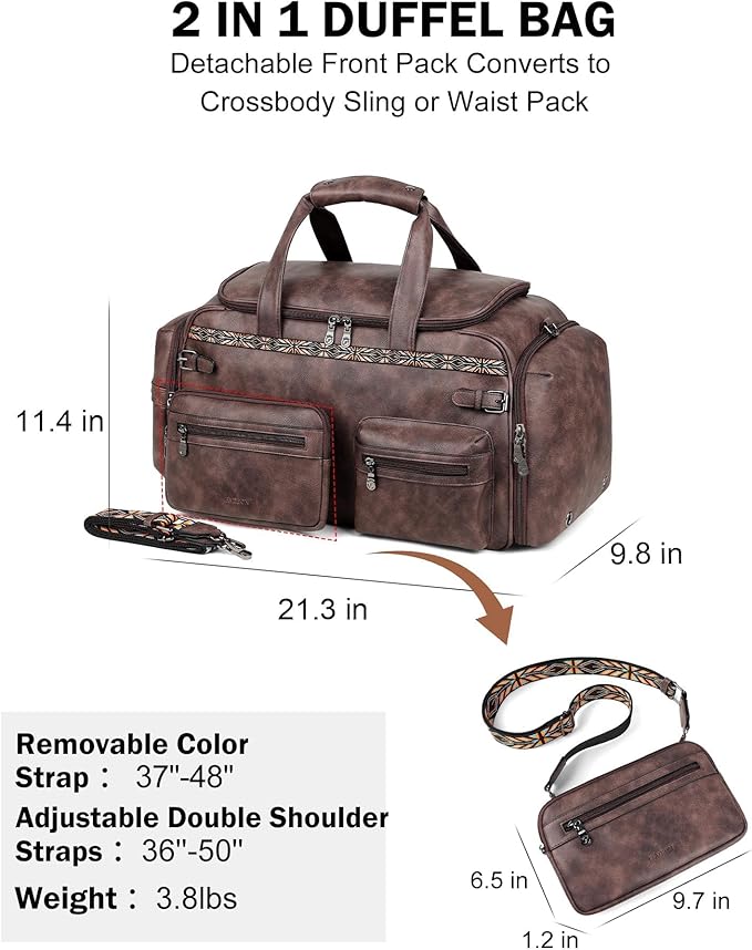 FADEON Duffle Bag for Women, Large Convertible Carry on Overnight Backpack, Designer Leather Mens Weekend Bags for Travel