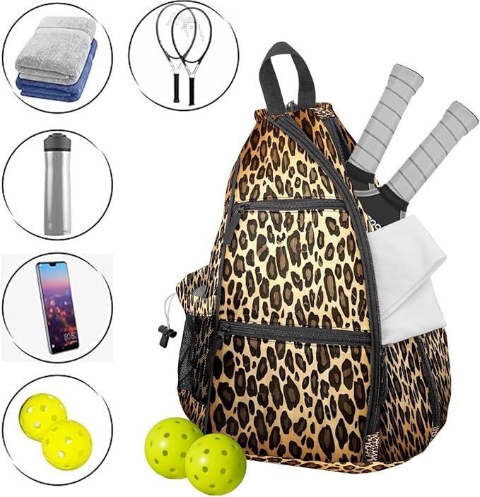 Brown Leopard Print Premium Nylon Pickleball Backpack, 3-in-1 Convertible Shoulder Crossbody Sling Bag for Women Men, Lightweight Bag Fits 2-4 Pickleball Paddles & Tennis Sports Gear