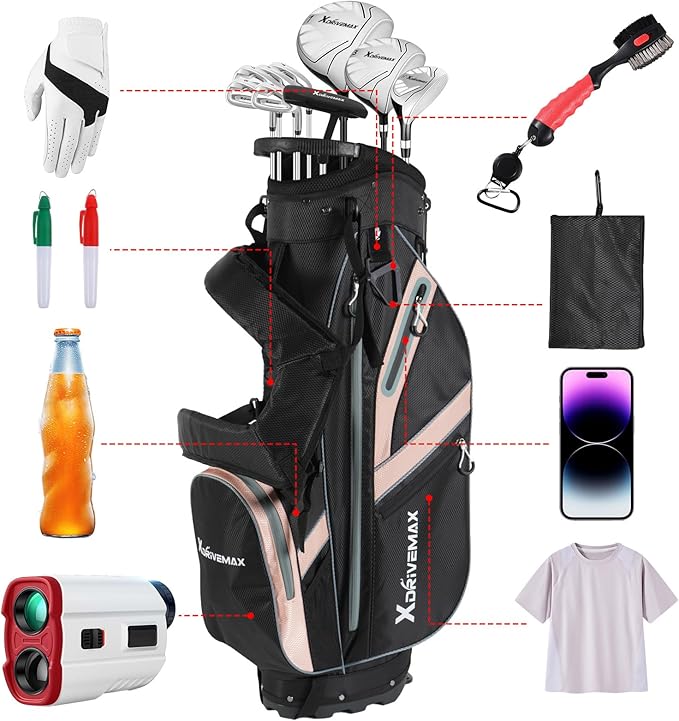 XDriveMax Golf Stand Bag, Lightweight 8-Way Top Dividers Golf Bag with Insulated Cooler Pocket, Dual Strap System & Rain Cover, Includes Golf Accessory Kit