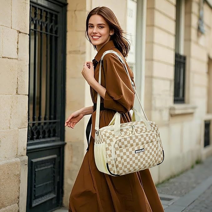 Underseat Carry On Luggage Lightweight Travel Tote Weekender Bag Overnight Duffle Bag for Travel, Travel Essentials Personal Item Travel Bag for Women, Corduroy Khaki Grid-16Inch