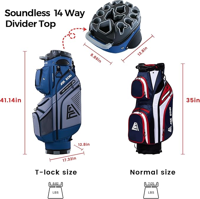 ASK ECHO T-Lock Golf Cart Bag with 14 Way Organizer Divider Top, Premium Cart Bag with Handles and Rain Cover, for Men