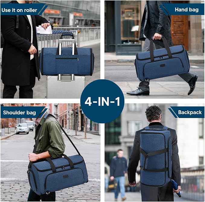 Garment Bags for Travel,4 in 1 Convertible Garment Bag Duffel Bags for Traveling, Suit Bag Travel with Shoulder Strap,58L Duffle Bag with Shoes Compartment for Men Women,Blue