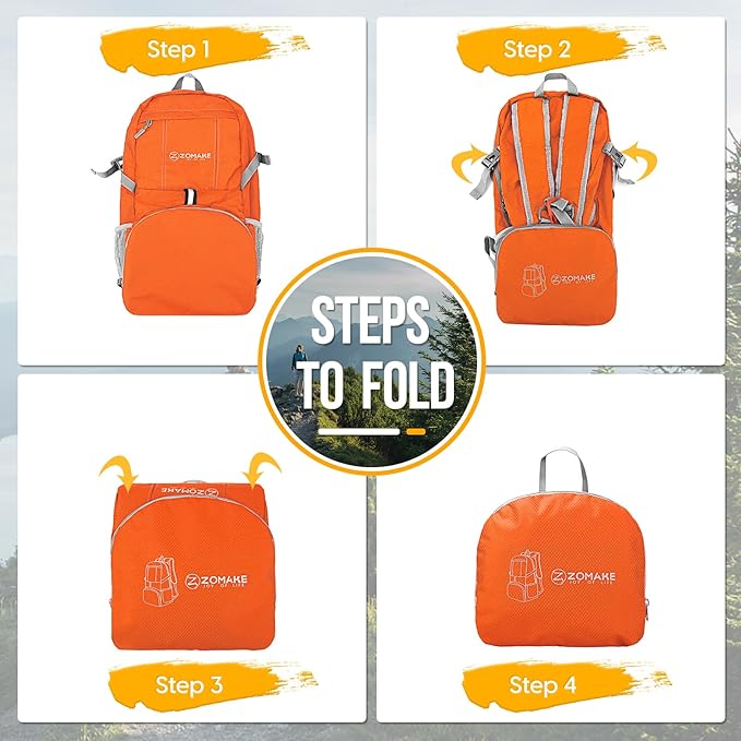 ZOMAKE Lightweight Packable Backpack 35L, Light Foldable Backpacks Water Resistant Collapsible Hiking Bag, Compact Folding Day Pack for Travel Camping(Orange) | Lightweight, Light, Foldable, Backpacks, Water Resistant, Collapsible