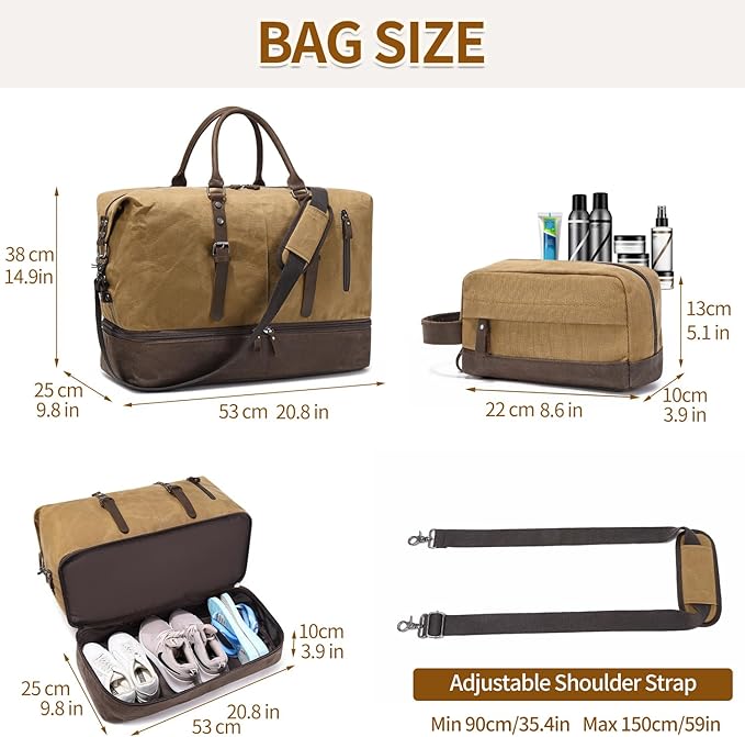 FENGDONG Weekender Bag Large Overnight Bag for Men Women Tote with Shoe Compartment Canvas Carry on Luggage Bag Travel Duffel Bag Brown