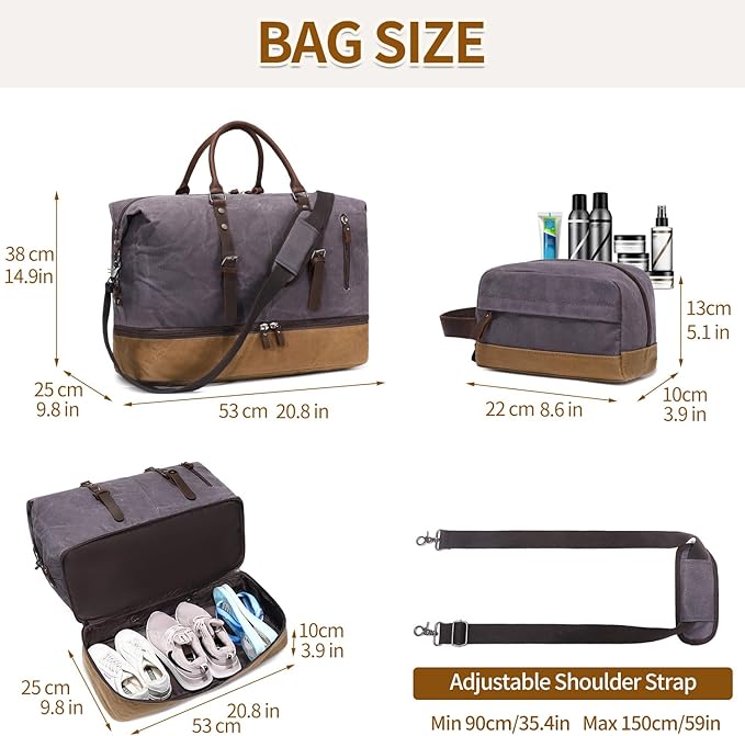 FENGDONG Weekender Bag Large Overnight Bag for Men Women Tote with Shoe Compartment Canvas Carry on Luggage Bag Travel Duffel Bag Gray