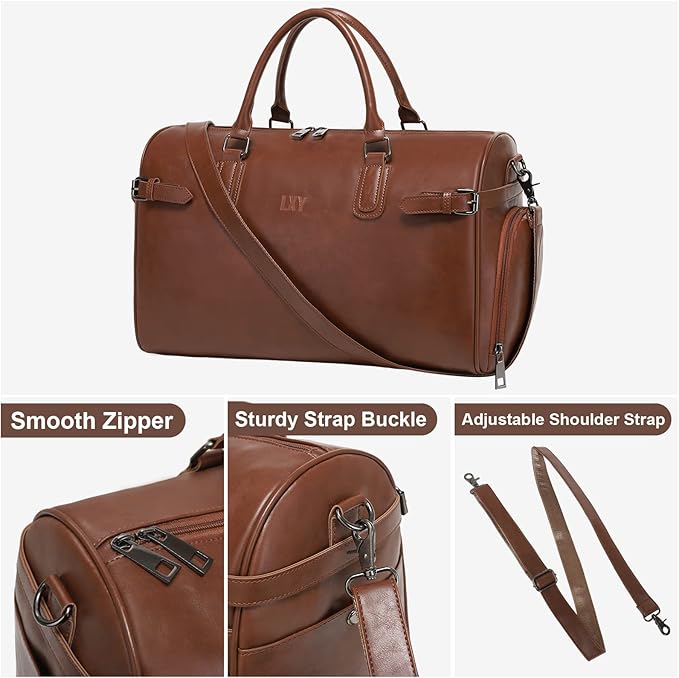 Vegan Leather Duffle Bag, LXY Travel Duffle Weekender Bag with Shoe Compartment, Duffel Overnight Gym Bags for Women Men Brown