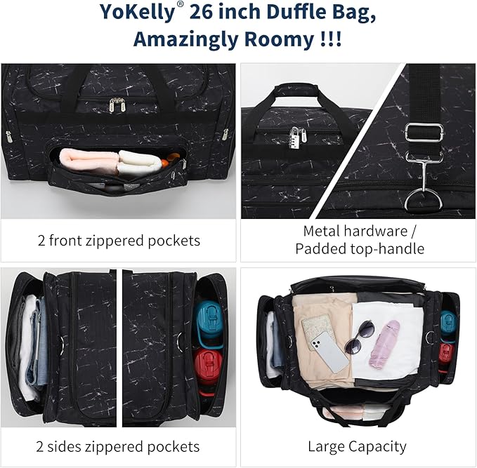 75L Large Duffle Bag for Men - 26 inch Duffel Bag Heavy Duty for Weekend Travel Sport Camping/Travel - Marble Black