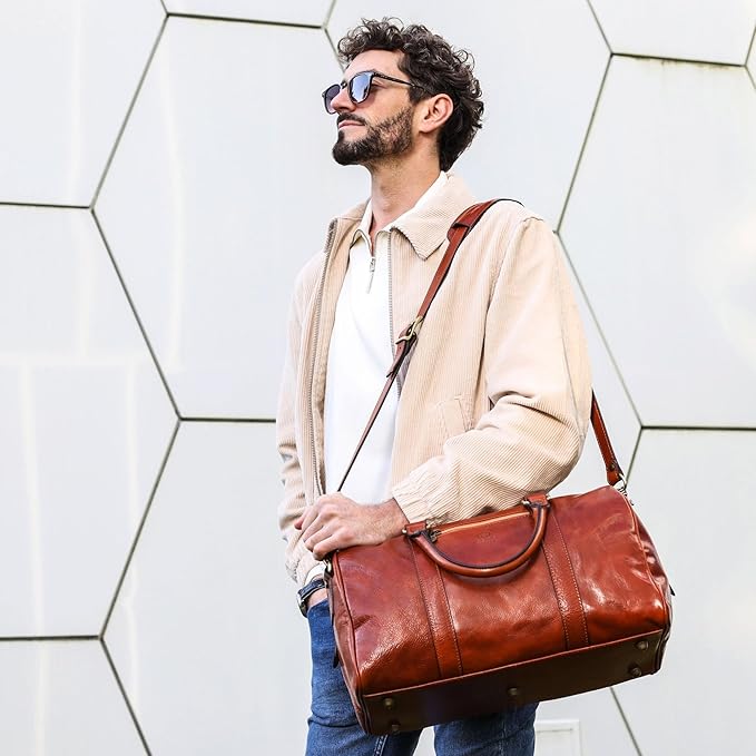 Full Grain Leather Small Duffel Bag Gym Bag Weekender Overnight Unisex Brown - Time Resistance