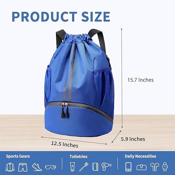 Drawstring Backpack Gym Bag with Shoes Compartment for Soccer, Basketball, Swim, Water-Resistant String Backpack Beach Cinch for Women Men, Blue, Medium