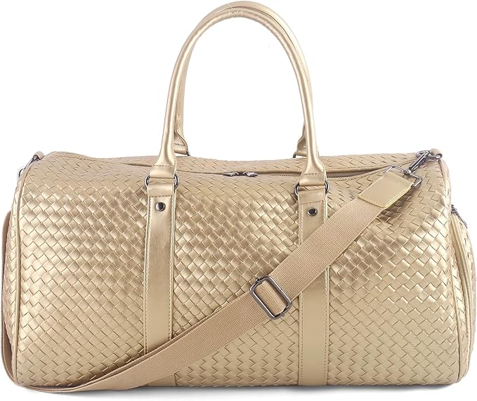 Weekender Bags for Women Woven Leather Travel Duffel Bag with Shoe Compartment, Carry On Garment Bag for Men Women, Large Capacity Water-resistant Gym Tote (Gold)
