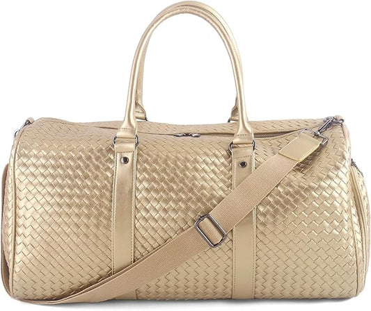 Weekender Bags for Women Woven Leather Travel Duffel Bag with Shoe Compartment, Carry On Garment Bag for Men Women, Large Capacity Water-resistant Gym Tote (Gold)