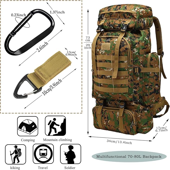 70L Hiking Backpack for Men, Waterproof Lightweight Camping Backpack, Military Rucksack with Molle, 3-Day Assault Pack for Travel, Climbing, Outdoor Sports (Green Camouflage)