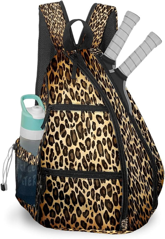 Brown Leopard Print Premium Nylon Pickleball Backpack, 3-in-1 Convertible Shoulder Crossbody Sling Bag for Women Men, Lightweight Bag Fits 2-4 Pickleball Paddles & Tennis Sports Gear