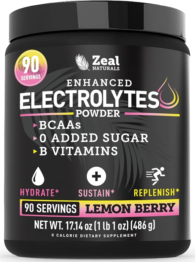 Zeal Electrolyte Powder - 90 Servings | Keto Electrolytes Powder | Zero Sugar, BCAAs, B-Vitamins | Potassium, Zinc, Magnesium | Hydration Powder Recovery Drink | Lemon Berry