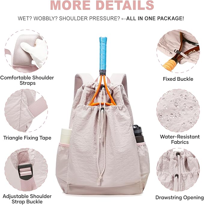 coofay Tennis Bags for Women Men Pickleball Bag Beach Tennis Racket Bag Drawstring Pickleball Tennis Backpack Badminton Bags
