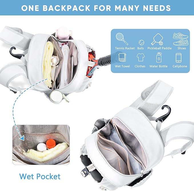 Tennis Backpack with 2 Rackets Holder, Water-Resistant PU Leather Tennis Racket Bag for Women & Men, Sling Crossbody Sports Backpack for Tennis, Pickleball & Badminton, Tennis Gifts