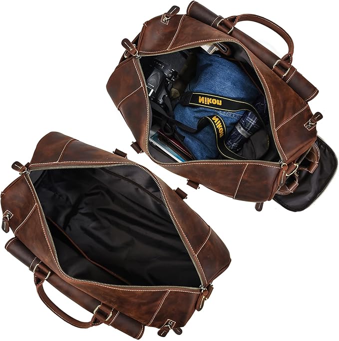 Leather Duffel Bags for Men and Women, 20 Inch Full Grain Leather Travel Overnight Weekend Bags, 9802 Brown