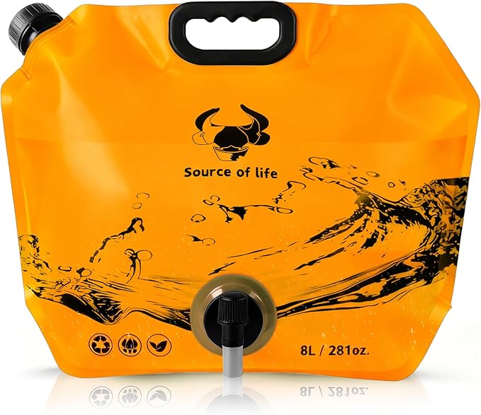 Collapsible 8L Water Storage Bag, BPA-Free Portable Folding Water Jug with Adjustable Faucet, Leakproof Emergency Water Bag for Camping, Hiking, Riding, Outdoor Sport (1, Orange)