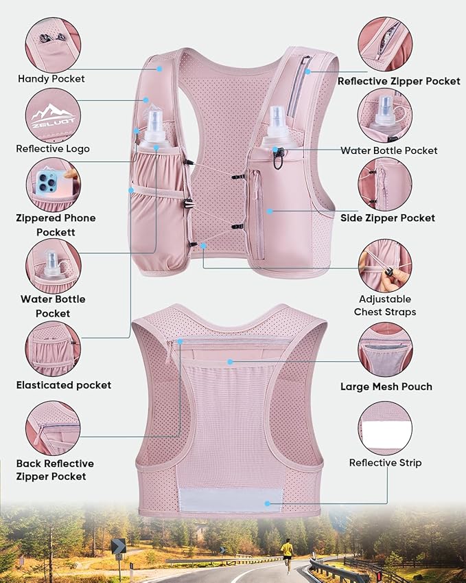 Zelvot Running Vest for Women Men, USA Original Patent, Adjustable Chest Straps Running Hydration Vest with 500ml Soft Flask, Lightweight Reflective Hydration Backpack for Marathon