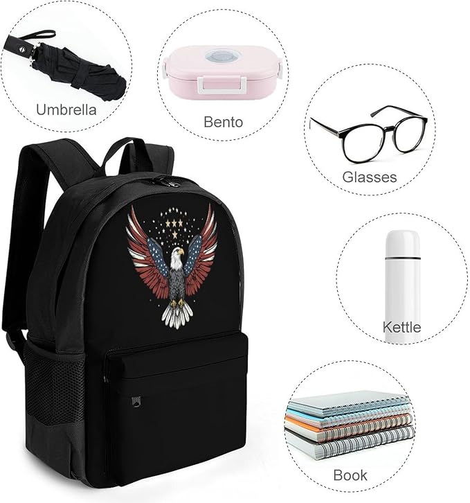 Black Backpack for Travel College Work Airplane Accessories, Bag with Sturdy Strap, Portable American Flag And Bald Eagle Patriotic Black Laptop Bags for Adult
