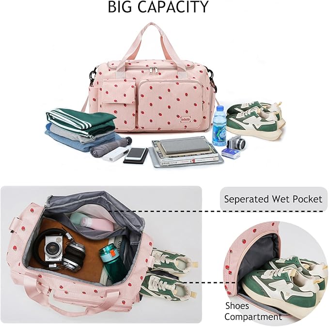 Gym Bag Sport Duffel Overnight Weekender Travel Bag with wet pocket and shoe pocket K04 Pink