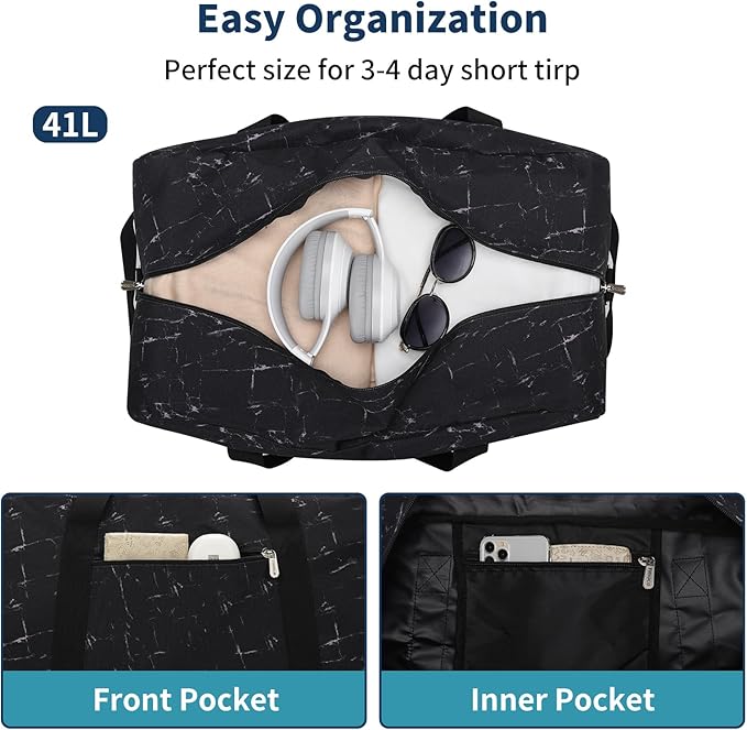 21 inch Gym Bag for Men - 40L Travel Duffel Bag Sport Duffle Bags for Weekend Overnight with Bottom Support (Marble Black）