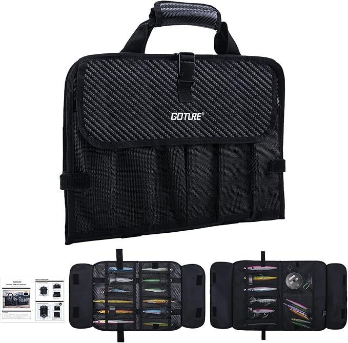 Goture Fishing Jig Bag,20 Mesh Pockets Portable Water-Resistant 600D PU Fishinig Lure Bag Saltwater Freshwater Suitable For Max 10" Length Vertical Jig Slow Pitch Jigging Bait Storage (16.92"x11.81")