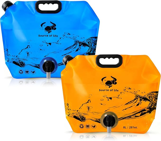 Collapsible 8L Water Storage Bag, BPA-Free Portable Folding Water Jug with Adjustable Faucet, Leakproof Emergency Water Bag for Camping, Hiking, Riding, Outdoor Sport (2, Blue & Orange)