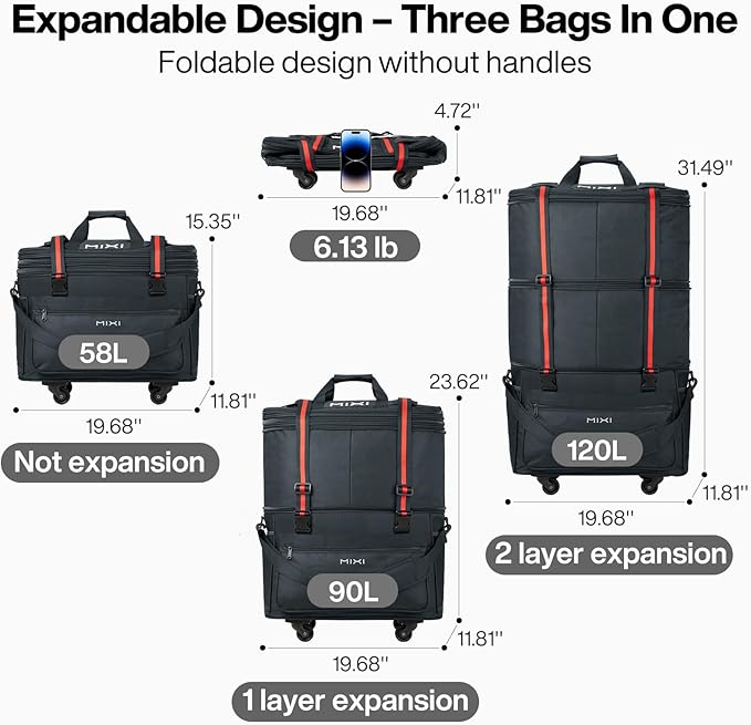 mixi Travel Bag with Wheels Expandable Foldable Luggage Bag Collapsible Rolling Travel Bag Duffel Bag Large Capacity Suitcase for Men Women, Dark Gray