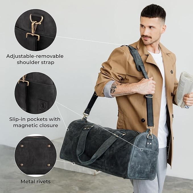 Berliner Bags Vintage Genuine Leather Duffle Bag Oslo for Travel or the Gym, Weekender, Travel Bag, Overnight Bag for Men and Women - Brown - Dark Grey