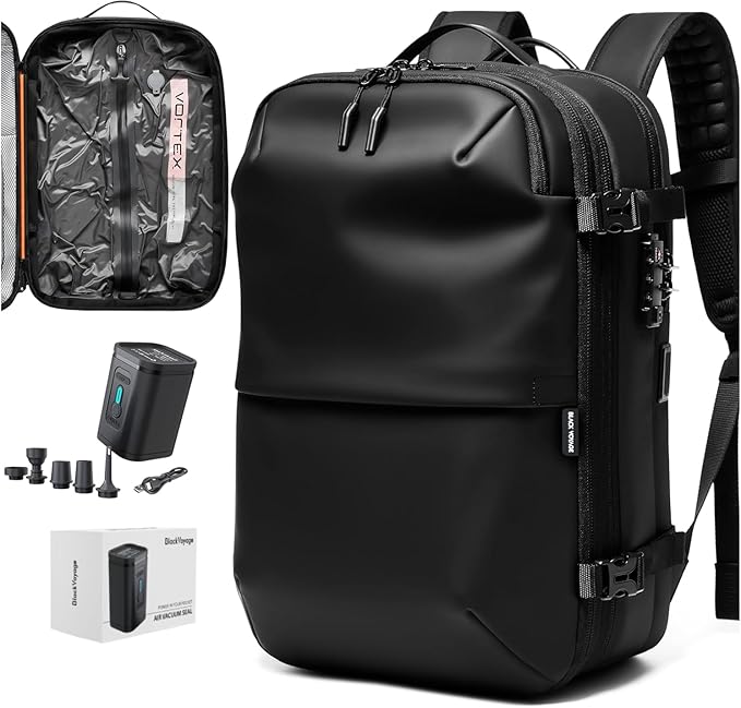 BlackVoyage Vortex Vacuum Seal Travel Backpack 60L Expandable Air Compression System Water Resistant TSA Lock Carry-On Suitcase Luggage Black AERO - Vacuum Pump Included
