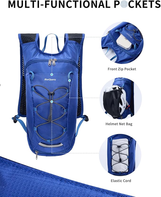 Blue Quartz Hydration Backpack with 2L Water Bladder, Hiking Water Backpack for Women Men, Lightweight Cycling Daypack with Phone Pocket & Helmet Net Bag, Hydration Pack for Biking, Running, Skiing