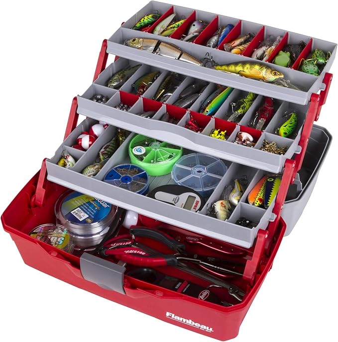 Flambeau Outdoors 6383TB 3-Tray Tackle Box - Classic Fishing Lure Storage Organizer, Large Portable Tackle Box, 32 Tray Compartments, Red/Gray