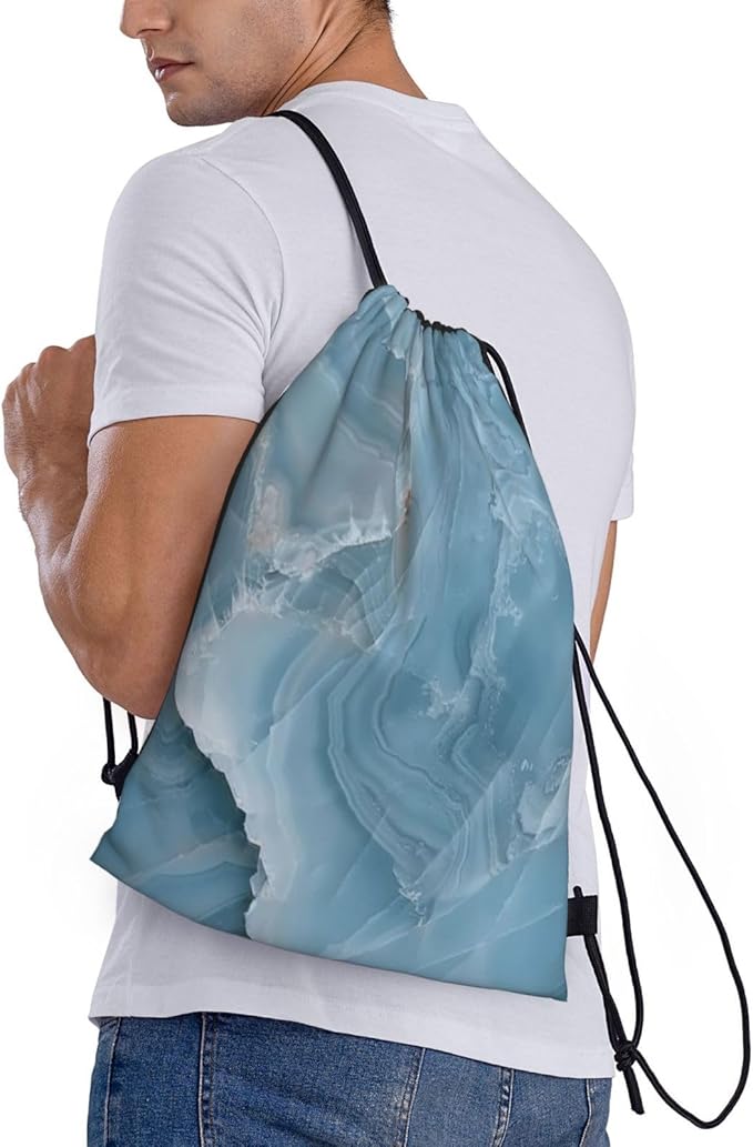 Blue Marble Pattern Drawstring Backpack Bag - Sports Gym Sack For Women Men