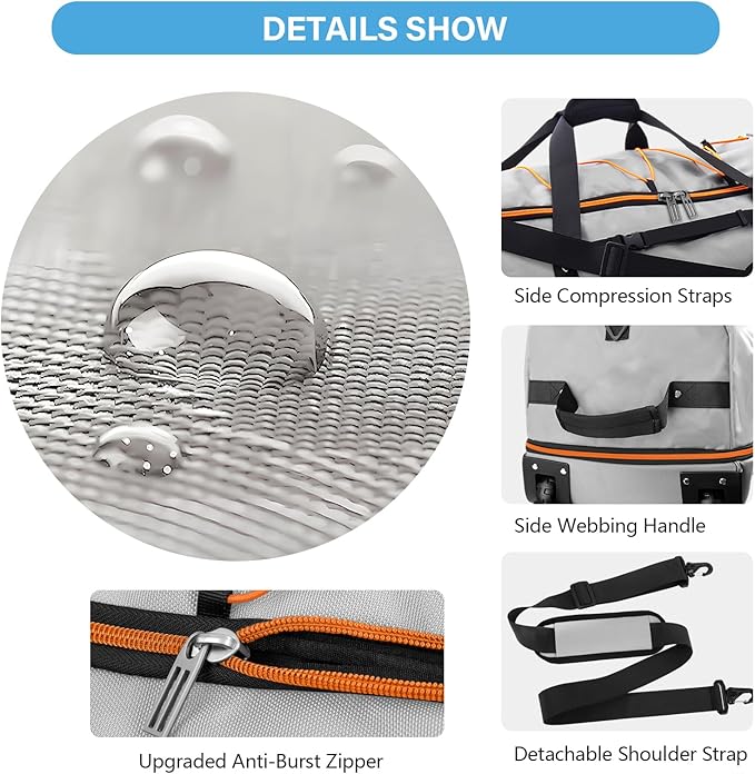 Vomgomfom Wheeled Collapsible Duffel Bag,110L-140L Expandable Checked Luggage, No-Telescopic-Handle with Anti-Burst Zipper & Reinforced Frame,Grey