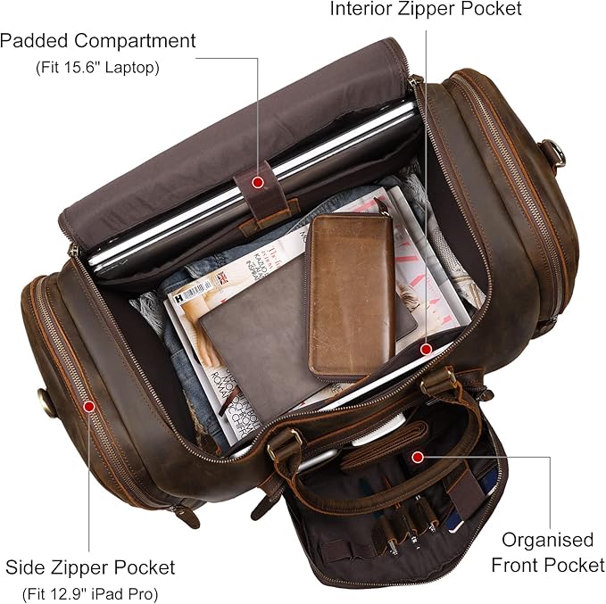TIDING Full Grain Leather Travel Duffel Bag for Men, 23 Inch Vintage Weekender Overnight Gym Duffle Bag 52L Luggage Bag